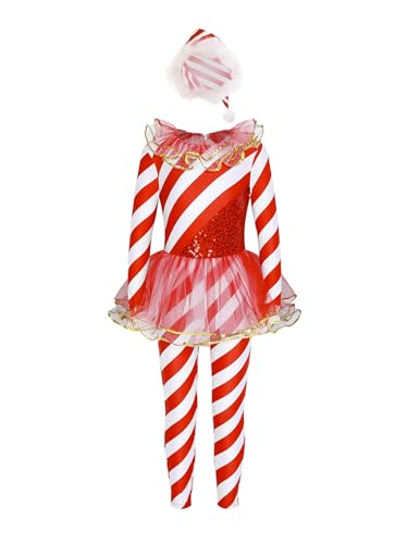 Alvivi Mädchen Weihnachten Kostüm Zuckerstangen Streifen Weihnachten Body Overall Jumpsuit Tanzbody Xmas Santa Outfits Ballett Tanzkleidung M Rot 170-176 von Alvivi