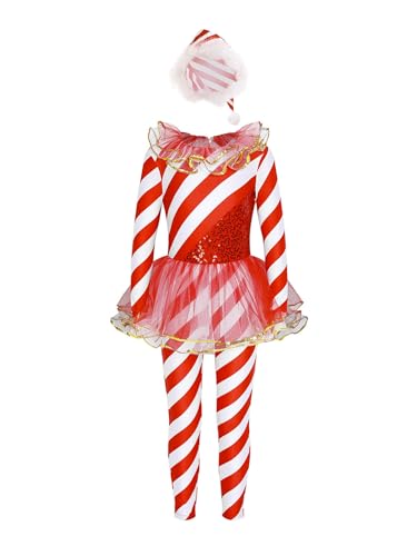 Alvivi Mädchen Weihnachten Kostüm Zuckerstangen Streifen Weihnachten Body Overall Jumpsuit Tanzbody Xmas Santa Outfits Ballett Tanzkleidung M Rot 170-176 von Alvivi
