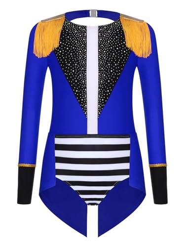 Alvivi Mädchen Zirkus Kostüm Zirkusdirektor Uniform Langarm Tanzbody Glitzer Body Overall Ringmaster Outfits Show Tanzkostüm Königsblau 122-128 von Alvivi