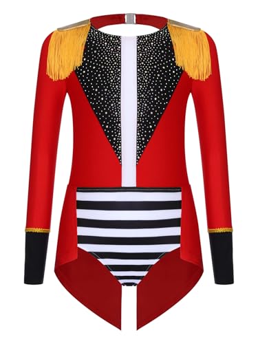 Alvivi Mädchen Zirkus Kostüm Zirkusdirektor Uniform Langarm Tanzbody Glitzer Body Overall Ringmaster Outfits Show Tanzkostüm Rot 146-152 von Alvivi