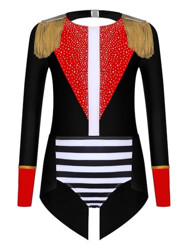 Alvivi Mädchen Zirkus Kostüm Zirkusdirektor Uniform Langarm Tanzbody Glitzer Body Overall Ringmaster Outfits Show Tanzkostüm Schwarz 146-152 von Alvivi