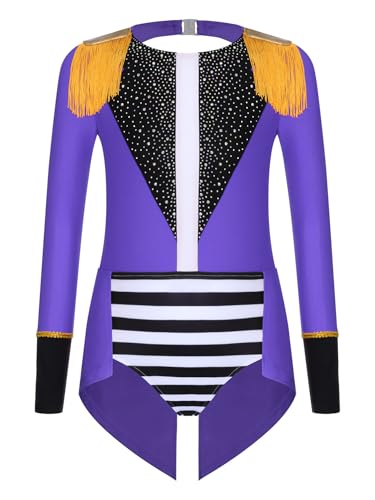 Alvivi Mädchen Zirkus Kostüm Zirkusdirektor Uniform Langarm Tanzbody Glitzer Body Overall Ringmaster Outfits Show Tanzkostüm Violett 110-116 von Alvivi