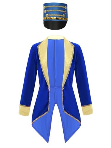 Alvivi Zirkus Kostüm Kinder Jungen Mädchen Frack Jacke mit Hut Zirkusdirektor Uniform Ringmaster Kostüm Halloween Karneval Fasching Verkleidung Royal Blau 170-176 von Alvivi
