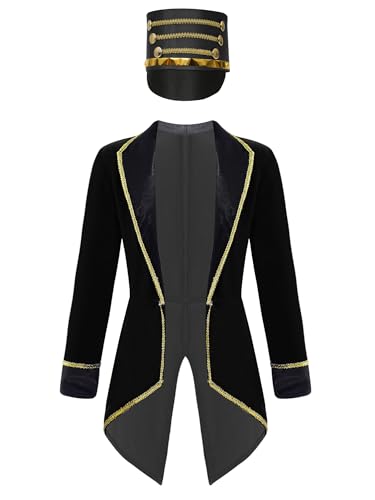 Alvivi Zirkus Kostüm Kinder Jungen Mädchen Frack Jacke mit Hut Zirkusdirektor Uniform Ringmaster Kostüm Halloween Karneval Fasching Verkleidung Schwarz 170-176 von Alvivi