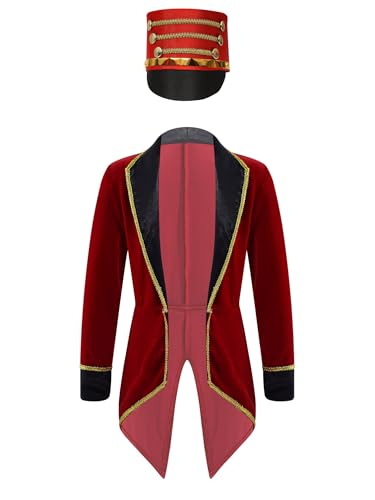 Alvivi Zirkus Kostüm Kinder Jungen Mädchen Frack Jacke mit Hut Zirkusdirektor Uniform Ringmaster Kostüm Halloween Karneval Fasching Verkleidung Weinrot 170-176 von Alvivi