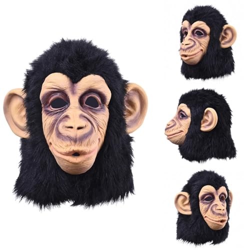 Alwida Schimpansen-Kostüm, Kinder-Gorilla-Kopfbedeckung, Tiermaske, Schwarze Schimpansen-Maske Für Halloween, Cosplay, Kostüm, Erwachsene, Latex-Maske von Alwida