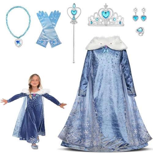AmHiL Elsa Kostüm Elsa Kostüme Mädchen 7 piece Prinzessin Kleid mit Zubehör Umhang Weihnachten Halloween Verkleidung Karneval Cosplay für 2-8 Jahre für 110-125cm von AmHiL