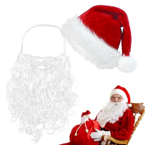 Amacoam Weihnachtsmann Bart Weihnachtsmütze mit Bart Nikolausmütze Erwachsene Weihnachtsmann Kostüm Accessoires Nikolausmütze mit Bart von Amacoam