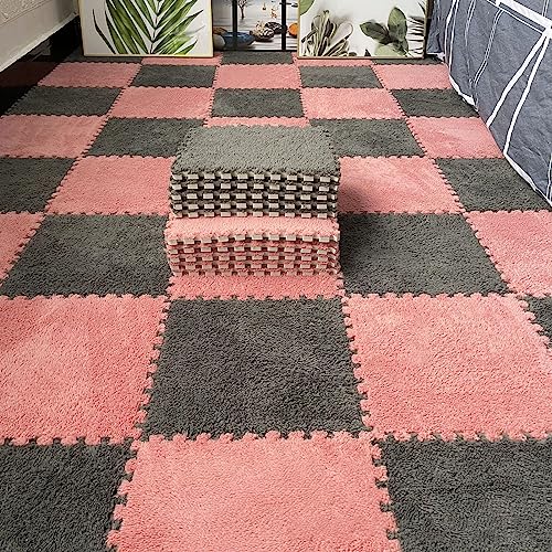 0,23 Zoll Dick, Ineinandergreifende Teppichfliesen, 24 Stück Plüsch-Puzzle-Schaum-Bodenmatte, Teppich, Schlafzimmer, Schutz, 12x12 Zoll(Color:Ziegelrot+Dunkelgrau) von Amacthysh