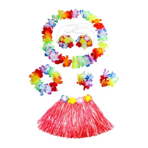 Amagogo 5-teiliges -Rock-Blumen-Armband-Halsketten- und Stirnband-Kostüm-Set für Feierlichkeiten, Karneval, Luau-Party, Rocklänge 30cm von Amagogo