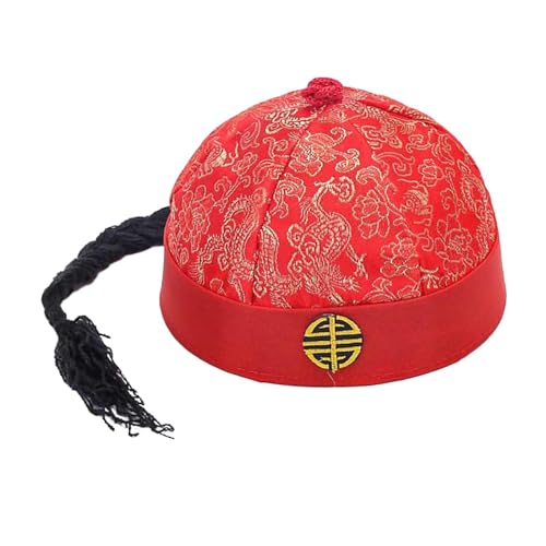 Amagogo Chinesischer orientalischer Hut, Bühnenauftritt, Requisiten, Kopfbedeckung, lustiger Kronprinzenhut mit Pferdeschwanz, Kaiserhut für Kostümpartys, Rot von Amagogo