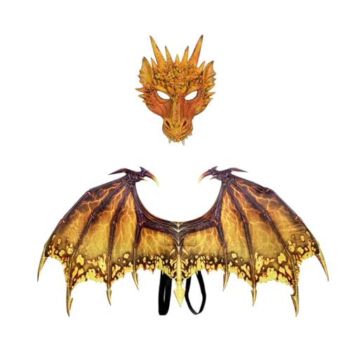 Amagogo Dinosaurier-Maskenflügel-Sets, Drachen-Cosplay-Kostüm für Erwachsene, Spielzeug, Drachenflügel-Anzieh-Requisiten für Karneval, Maskerade, Party, Gelb von Amagogo