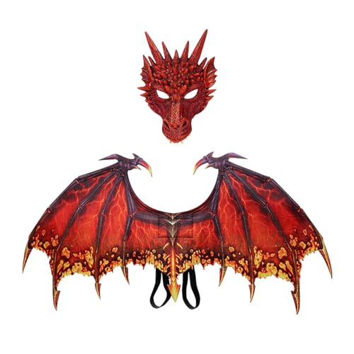 Amagogo Dinosaurier-Maskenflügel-Sets, Drachen-Cosplay-Kostüm für Erwachsene, Spielzeug, Drachenflügel-Anzieh-Requisiten für Karneval, Maskerade, Party, Rot von Amagogo