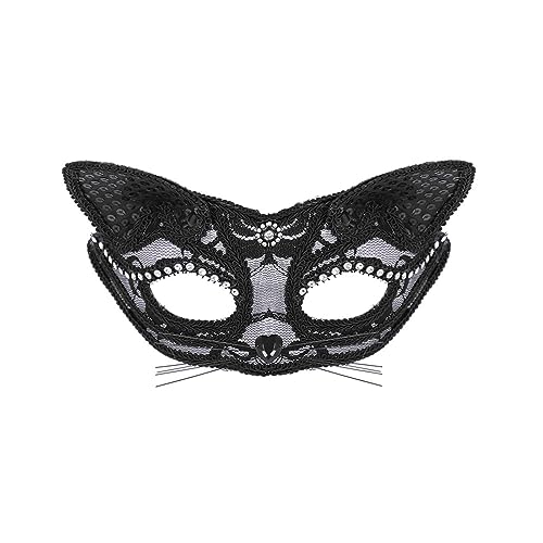 Amagogo Frauen-Katzenmaske, elegantes Tier mit Schnurrhaaren, zarte Maskerade-Maske, halbes Gesicht für Show, Kostüm, Requisiten, Kostüm, Cosplay, Halloween, Schwarz von Amagogo
