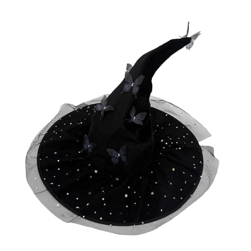 Amagogo Hexenhut für Damen und Herren mit Schmetterlingen und Sternennetz für Cosplay, Verkleidung, Schwarz von Amagogo