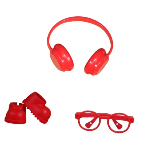 Amagogo Mini-Regenstiefel für Puppen, Kurze Schuhe, Bequeme DIY-Kostüme, Foto-Requisiten, Ankleidespielzeug mit Kopfhörern und Brille für 17-cm-Puppen, Rot von Amagogo