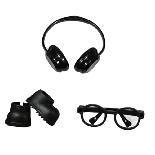 Amagogo Mini-Regenstiefel für Puppen, Kurze Schuhe, Bequeme DIY-Kostüme, Foto-Requisiten, Ankleidespielzeug mit Kopfhörern und Brille für 17-cm-Puppen, Schwarz von Amagogo