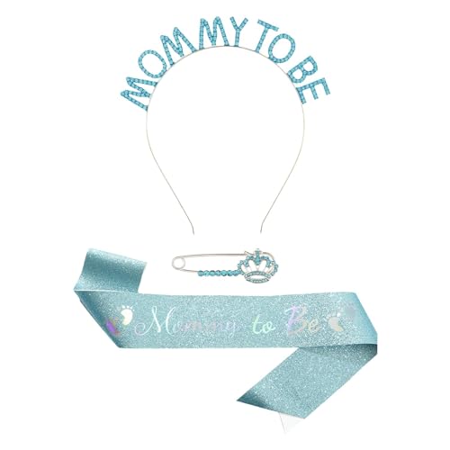 Amagogo Schärpen-Set „Mami to be“-Stirnband, Schärpe, Broschen-Set „Mum to be“-Schärpe für Jungen und Mädchen, Geschlechtsoffenbarung, Blau von Amagogo