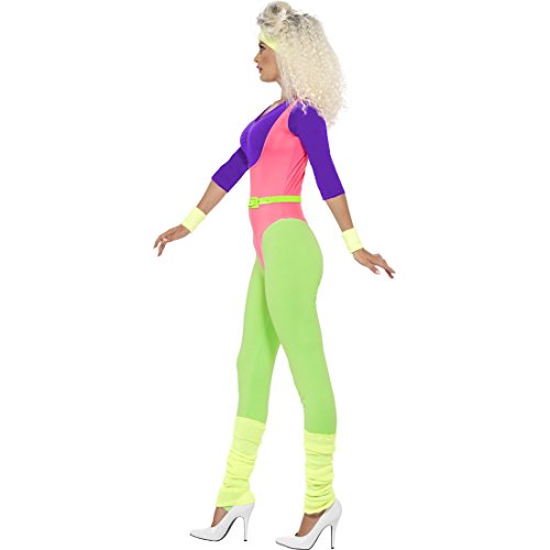 Amakando 80er Damen Kostüm Sport 80s Workout Anzug XS 32/34 Neon Jumpsuit Buntes Aerobic Outfit Faschingskostüme 80er Jahre Stirnband Schweissband Body Leggings Optik von Amakando