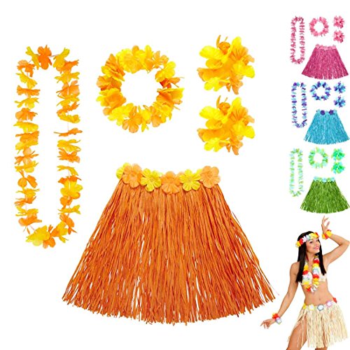Amakando Bastrock Blumenkette Hawaii Hula Set orange Hawaikette Baströckchen Limbo Party Outfit Südsee Kostüm Zubehör Strandparty Beachparty von Amakando