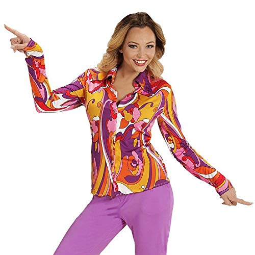 Amakando Bunte Flower Power Bluse mit floralem Muster/Orange-Violett L/XL (42-48) / Stilechtes Disco-Oberteil zum 70s Party Outfit/EIN Blickfang zu 70er-Party & Karneval von Amakando