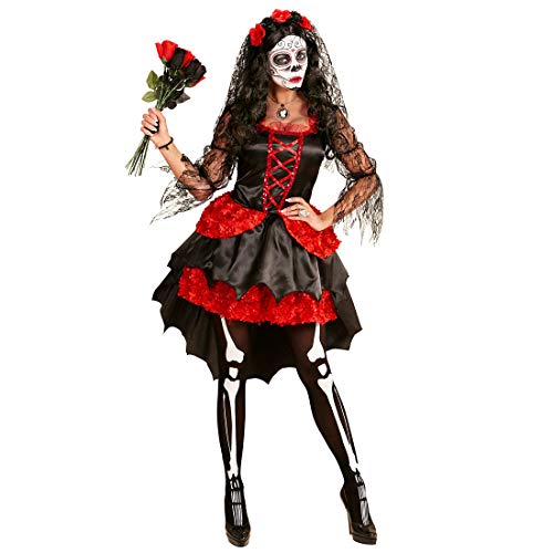 Amakando Elegantes Tag der Toten Halloween-Kostüm für Damen/Schwarz-Rot S (34/36) / Schönes La Catrina Damenkostüm/EIN Blickfang zu Horror-Party & Themenabend von Amakando