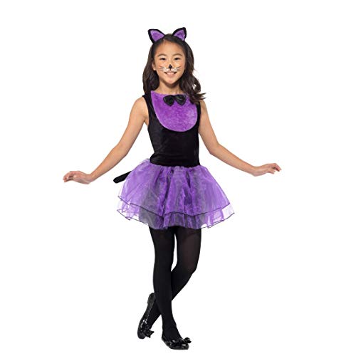 Amakando Entzückendes Katzen-Kostüm für Kinder/Schwarz-Violett in Größe M, 7-9 Jahre, 130-143 cm/Katzen-Kleid für Mädchen Miezekatze/Genau richtig zu Fastnacht & Karneval von Amakando