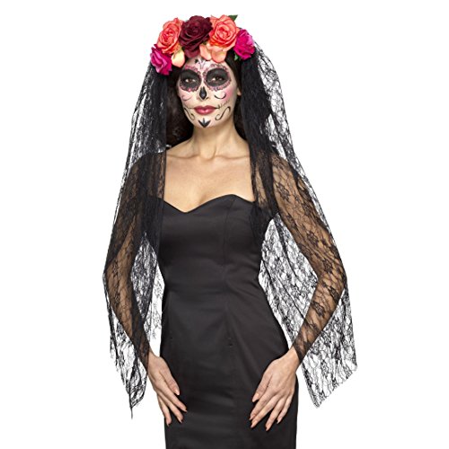 Amakando Halloween Haarreifen La Catrina mit Rosen und Schleier Tag der Toten Diadem Totenkopf Haarschmuck Sugar Skull Kostüm Accessoire Dia de los Muertos Kopfschmuck von Amakando