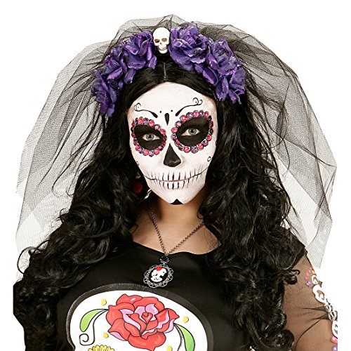 Amakando La Catrina Haarschmuck Tag der Toten Haarreif schwarz-lila Totenkopf Halloween Haarreifen Dia de los Muertos Schleier Day of The Dead Diadem Rosen Kopfschmuck Totenschädel von Amakando