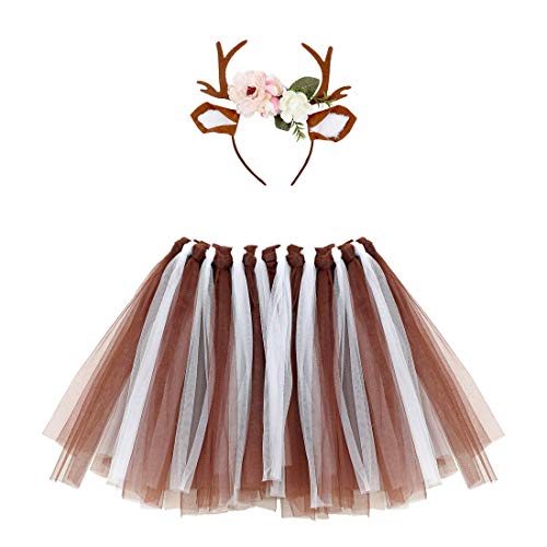 Amakando Märchenhaftes Weihnachtskostüm Bambi für Damen/Braun-Weiß/Reindeer Outfit REH-Kitz mit Rock & Hirsch-Geweih/EIN Blickfang zu Fasching & Weihnachtsfeier von Amakando