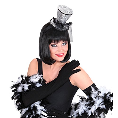 Amakando Minihut Burlesque Zylinder Hut Silber Minizylinder am Bügel Can Can Girl Kopfbedeckung Tänzerin Fascinator Kopfschmuck Glitzer Zylinderhut von Amakando