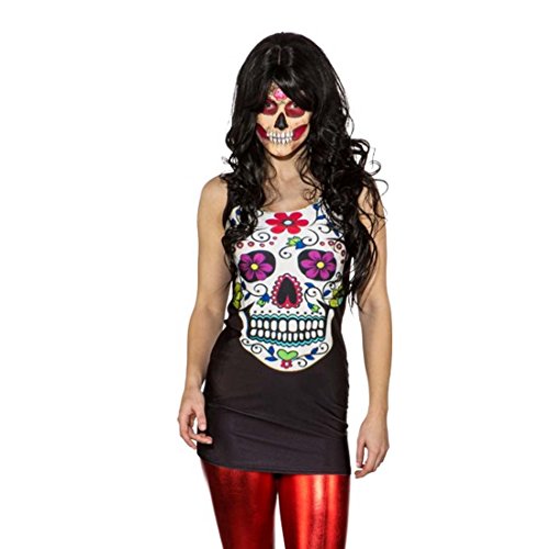 Amakando Minikleid Dia de los Muertos Sexy Sugar Skull Kleid L/XL 42 – 48 Calavera Long Shirt La Catrina Stretchkleid Halloween Kostüm Damen Damenkostüm Tag der Toten von Amakando