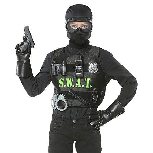 Amakando Polizist Faschingskostüm Mit Swat-Weste & Ausrüstung/Schwarz/Karnevalskostüm Spezialeinheit für Kinder/Genau Richtig zu Fasching & Kostümfest von Amakando