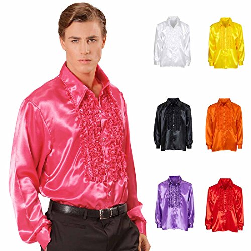 Amakando Rüschenhemd Schlagerstar 70er Jahre Hemd XL 54 pink Disco Satinhemd Herrenhemd Schlager Schlagerparty Accessoire Saturday Night Fever von Amakando