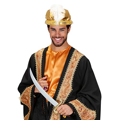 Amakando Scheich Kopfbdeckung Sultan Turban Gold, mit Perlen und Feder Orient Prinz Hut Araber Mütze Kalif Faschingshut Orientalischer Karnevalshut von Amakando