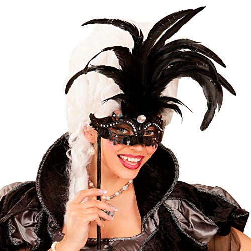 Amakando Venezianische Lorgnette mit Federn/Schwarz/Zauberhafte Ball-Maske mit Stab/Perfekt geeignet zu Fasching & Mottoparty von Amakando