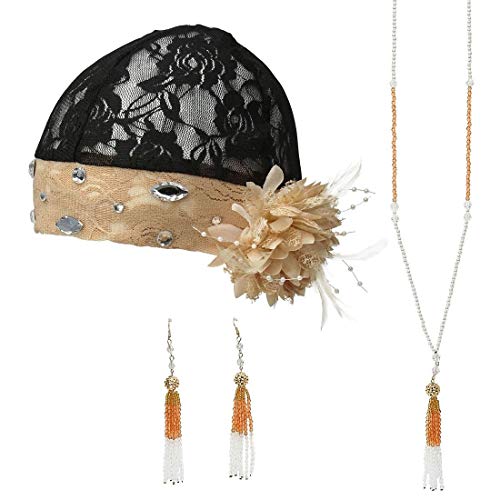 Amakando Zauberhafte 20er & 30er Jahre Kostüm-Accessoires mit Haar-, Hals- & Ohrschmuck/Beige-Schwarz/Flapper Cloche & Strass-Schmuck Goldene Zwanziger/EIN Highlight zu Fasching & Karneval von Amakando