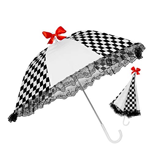 Amakando Zauberhafter Rüschenschirm für Pierrette & Columbine/Weiß-Schwarz/Karierter Sonnenschirm passend zum Zirkus-Kostüm/EIN Blickfang zu Karneval & Mottoparty von Amakando