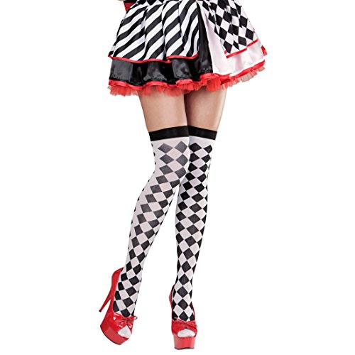 Amakando Overknees schwarz-weiß kariert halterlose Strümpfe Schachbrett schwarz, weiß Checkerboard Damenstrümpfe Clownstrümpfe Karomuster Harlekin Kostüm Accessoire Kniestrümpfe Karodesign Zubehör von Amakando