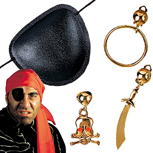 Piraten Set Pirat Augenklappe Ohrring Ring Motiv Piratenset Piratenklappe Ohrschmuck Piratenparty Schmuck Seeräuber Freibeuter Kosar Rocker Biker Kapitän Verkleidung Fasching Karibik Mottoparty von Amakando