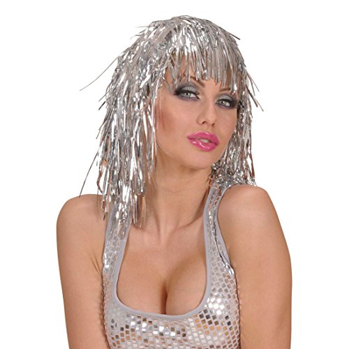 Silberne Lametta Perücke Silvester Lamettaperücke Disco Glitzerperücke silber Metall Glitzernde Damenperücke Fasching Alien Damen Karnevalsperücke Kopfschmuck Faschingsperücke Schlager Mottoparty Accessoire Karneval Kostüm Zubehör von Amakando