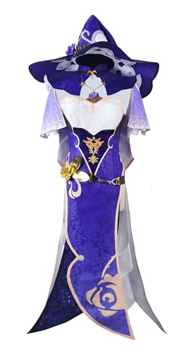 AmanMing Game Genshin Impact Lisa Cosplay-Kostüm, Anime-Kleid, Hut, Handschuhe, Outfits, Halloween-Kleidung (Blau, Größe XS) von AmanMing