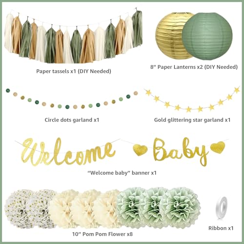 Babyparty-Dekoration, neutrales Salbeigrün und Gold, Party-Willkommens-Banner, Seiden-Pompons, Papierlaternen, Kreispunkte und Quasten-Girlande, Baby-Geschlecht enthüllt Babyparty-Dekoration, neutrales Salbeigrün und Gold, Party-Willkommens-Banner, Seiden-Pompons, Papierlaternen, Kreispunkte und Quasten-Girlande, Baby-Geschlecht enthüllt von Amaoball