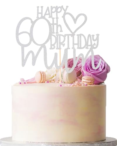 Happy 60th Birthday Mum Cake Topper - Happy Mothers Birthday Party Decorations Sliver Glitter, 60th Birthday Cake Decoration von AmarYYa