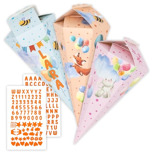 Amari® Schultüten Bastelset 3er-Set – Schultüte Jungen & Mädchen aus stabilem Karton (350 g) – mit Moosgummi-Stickern – Mini Zuckertüten zum Selber Basteln – Schulanfang DIY (Aquarell) von Amari