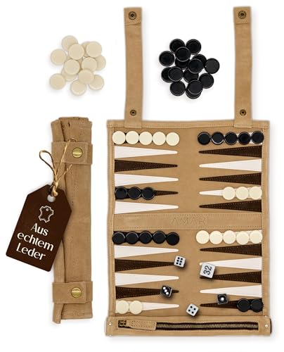 Amari ® Reise Backgammon aus 100% Leder - Rollbares Backgammon für Reisen und Unterwegs – Back Gammon Hochwertig Koffer Spiel Reisespiel Reisebackgammon Leder von Amari