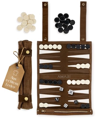 Amari ® Reise Backgammon aus 100% Leder - Rollbares Backgammon für Reisen und Unterwegs – Back Gammon Hochwertig Koffer Spiel Reisespiel Reisebackgammon Leder von Amari