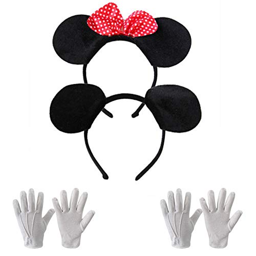 Amasawa Haarreifen in Schwarz Mit Maus Ohren Mouse Mit Schleife in Rot Mit Weißen Punkten Inklusive Weiße Handschuhe für Kinder Erwachsene (4 Teiliges Set) von Amasawa
