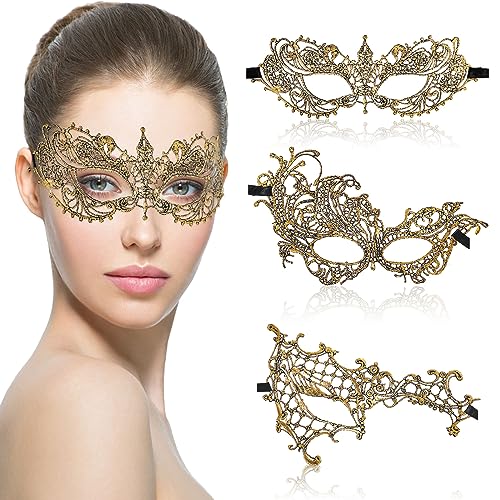 Amaxiu Maskerade Spitzenmasken für Damen, 3 Stück Venezianische Maske Spitze Kostüm Weiche Gold Partymaske für Halloween Karneval Abendkleid Tanz Ball Party(A) von Amaxiu
