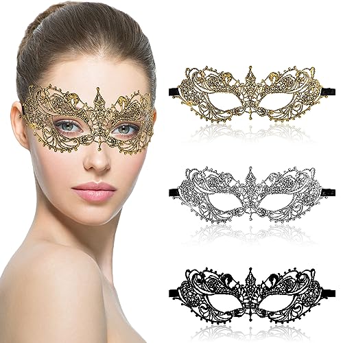 Amaxiu Maskerade Spitzenmasken für Damen, 3 Stück Venezianische Maske Spitze Kostüm Weiche Gold Partymaske für Halloween Karneval Abendkleid Tanz Ball Party(B) von Amaxiu